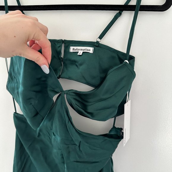 NWT Reformation Poppies Maxi Silk Dress Sz 0 Forest Green Deep V-neck Cut-out - Picture 6 of 12